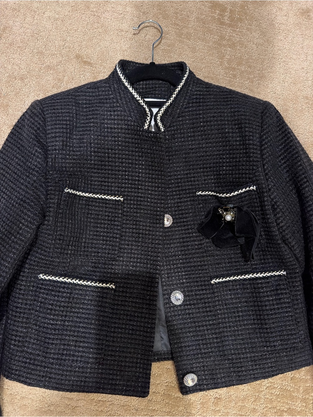 Avec Les Filles Black White Tweed Cropped Jacket Blazer S - Picture 3 of 14